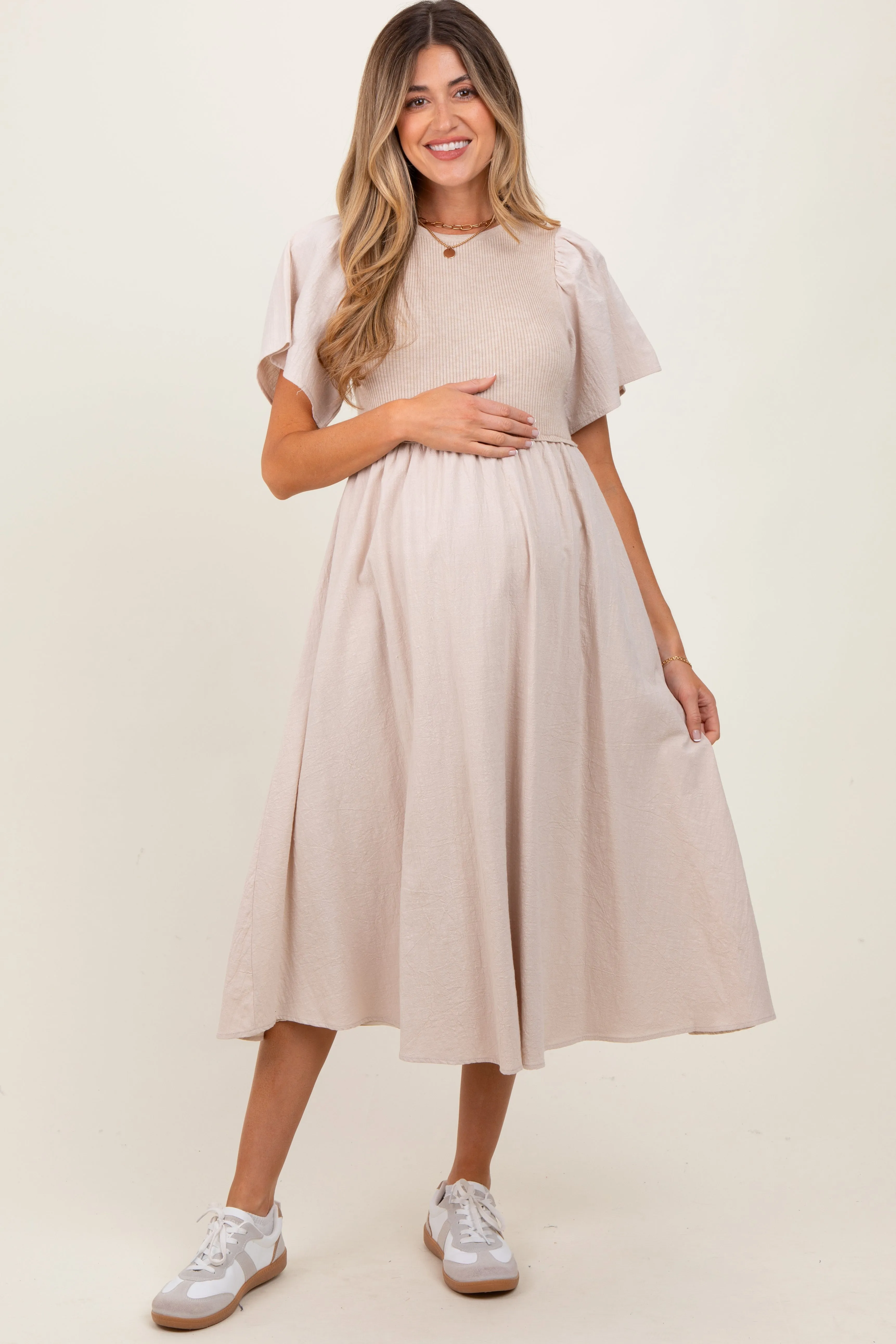 Beige Ribbed Knit Contrast Top Maternity Midi Dress sold by Pinkblush
