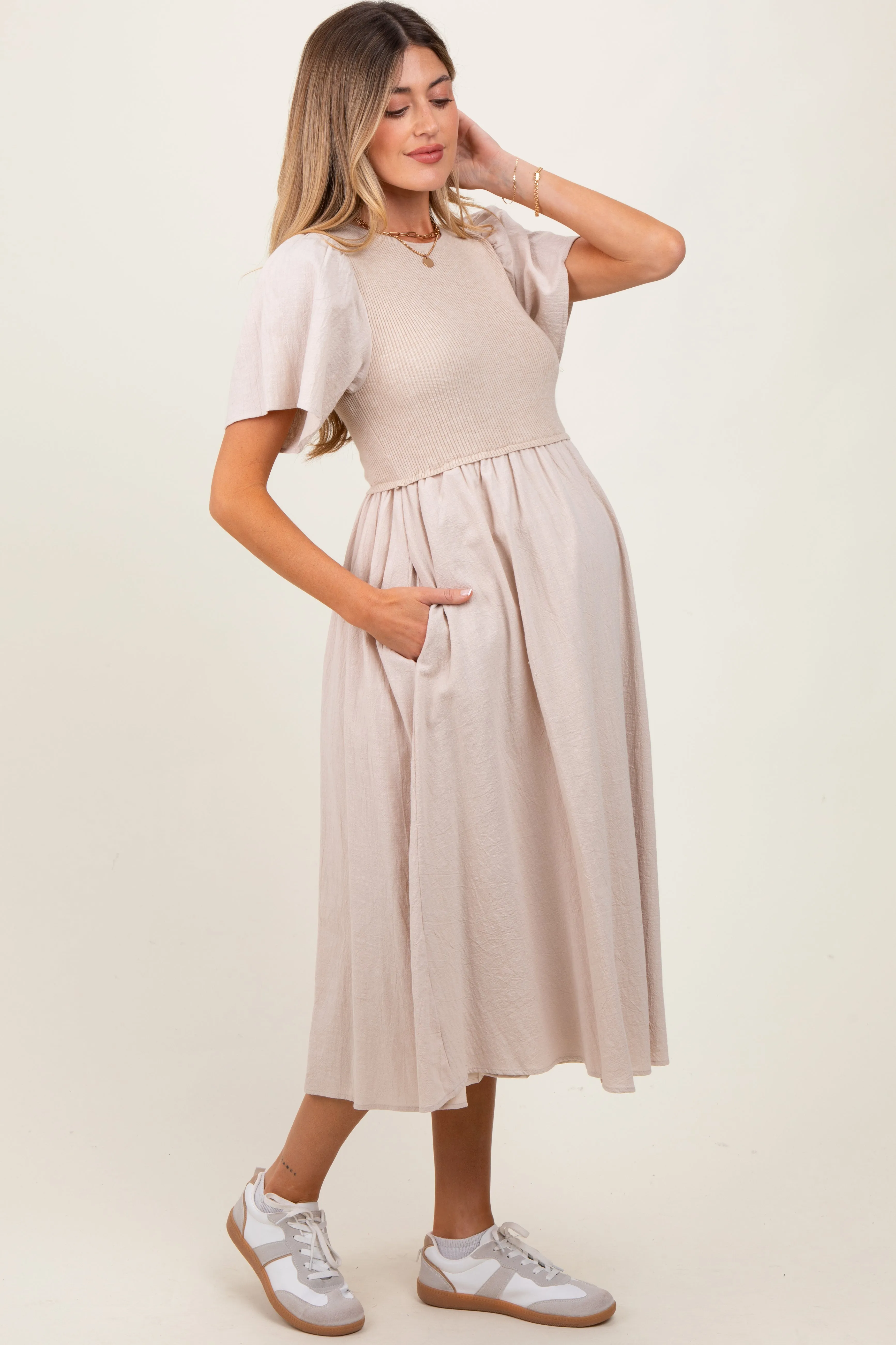 Beige Ribbed Knit Contrast Top Maternity Midi Dress sold by Pinkblush product image thumbnail 2