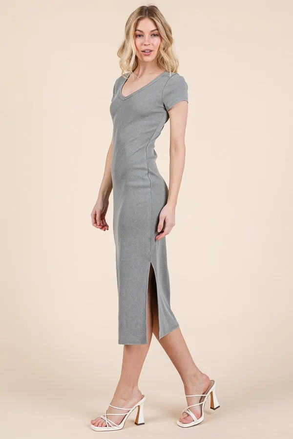 Light Olive V Neck Mineral Wash Side Slit Midi Dress sold by Pinkblush product image thumbnail 2
