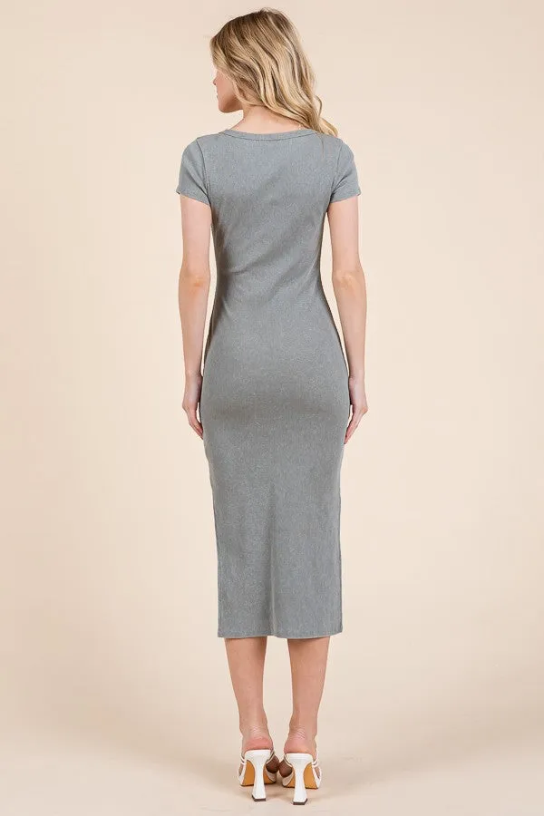 Light Olive V Neck Mineral Wash Side Slit Midi Dress sold by Pinkblush product image thumbnail 3