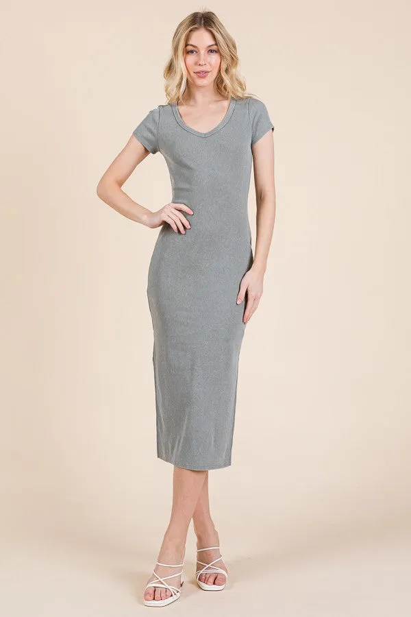 Light Olive V Neck Mineral Wash Side Slit Midi Dress sold by Pinkblush