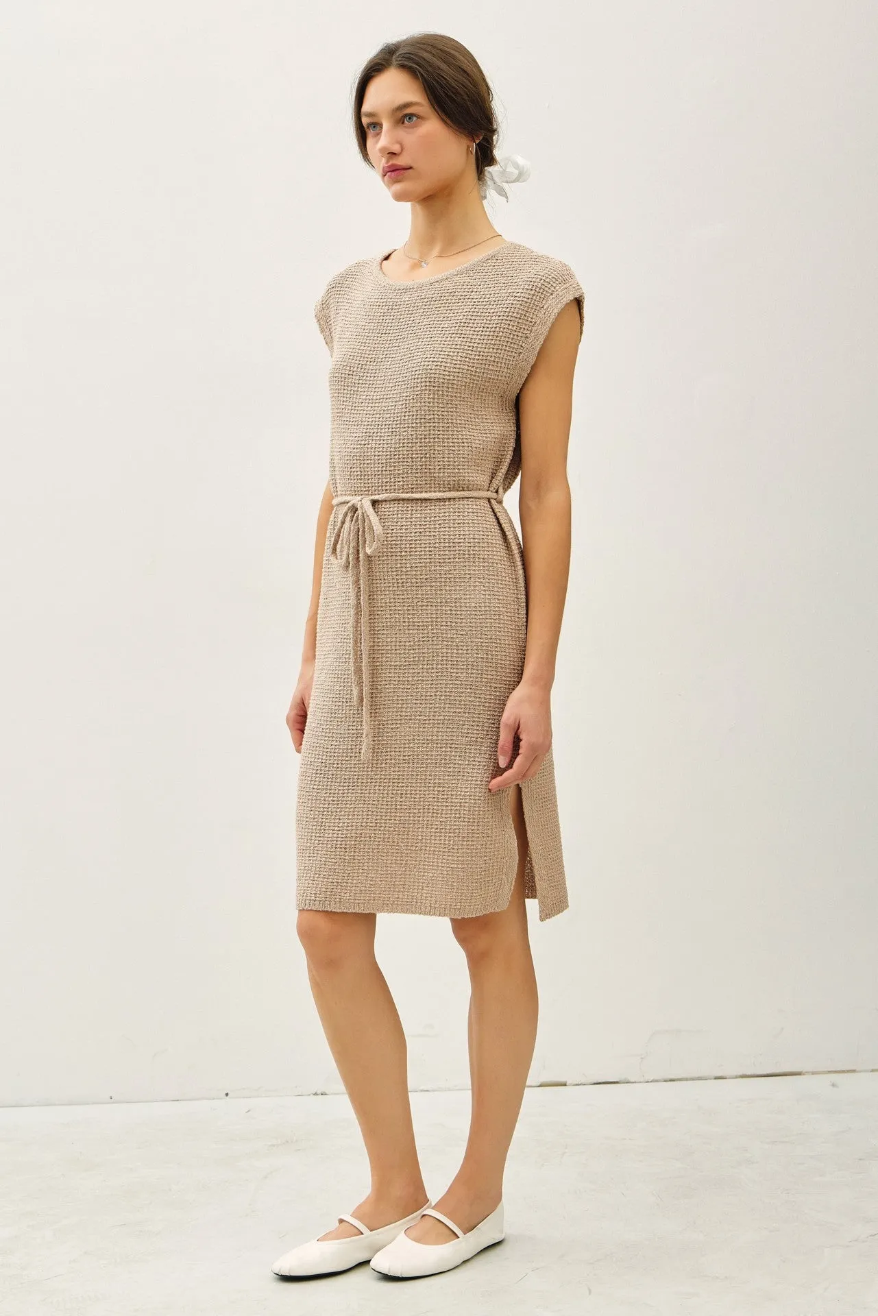 Beige Waffle Knit Sash Tie Short Sleeve Dress sold by Pinkblush product image thumbnail 3
