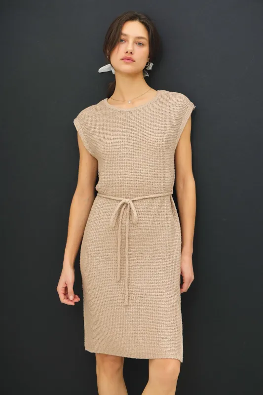 Beige Waffle Knit Sash Tie Short Sleeve Dress sold by Pinkblush