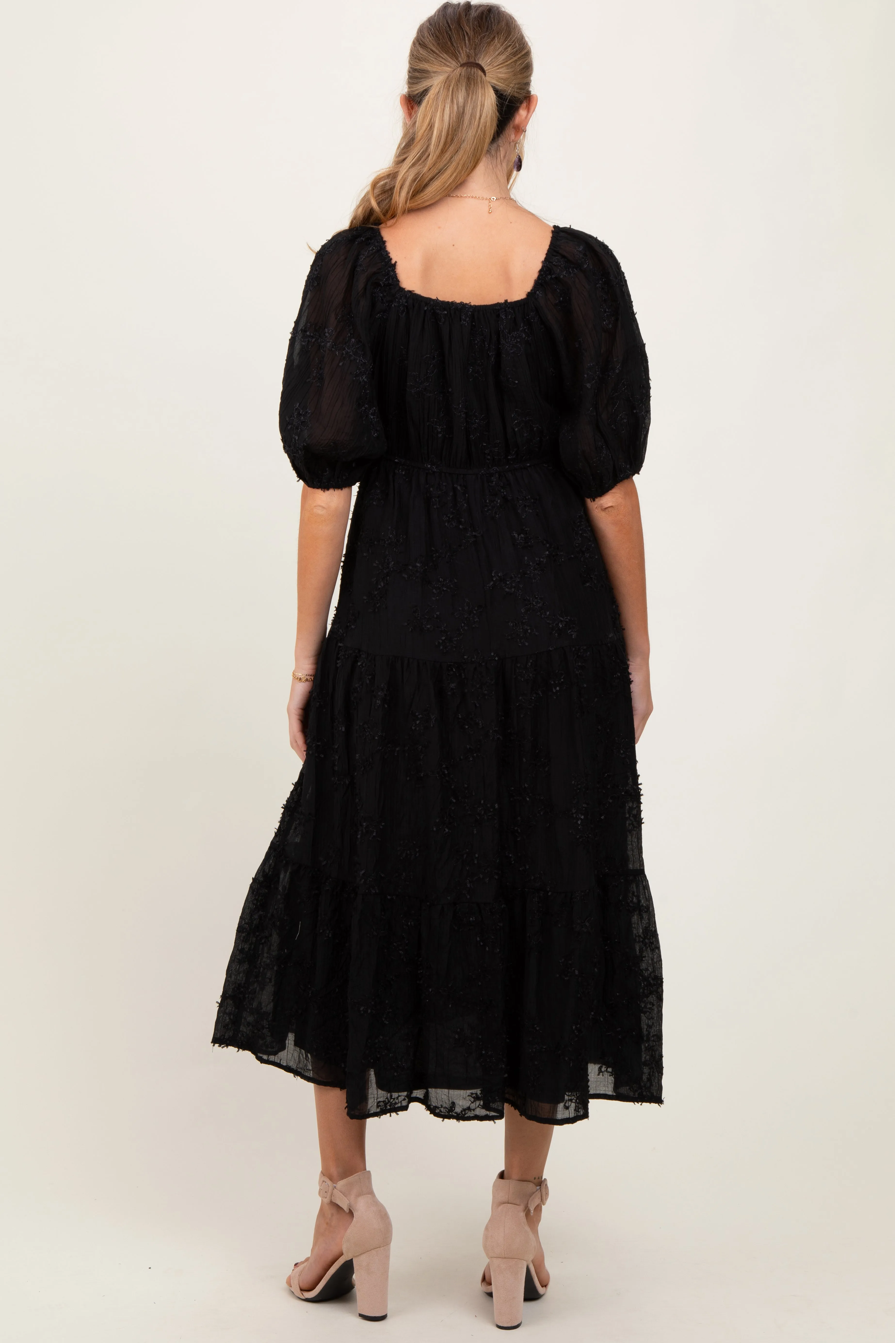 Black Embroidered Floral Overlay Maternity Midi Dress sold by Pinkblush product image thumbnail 3