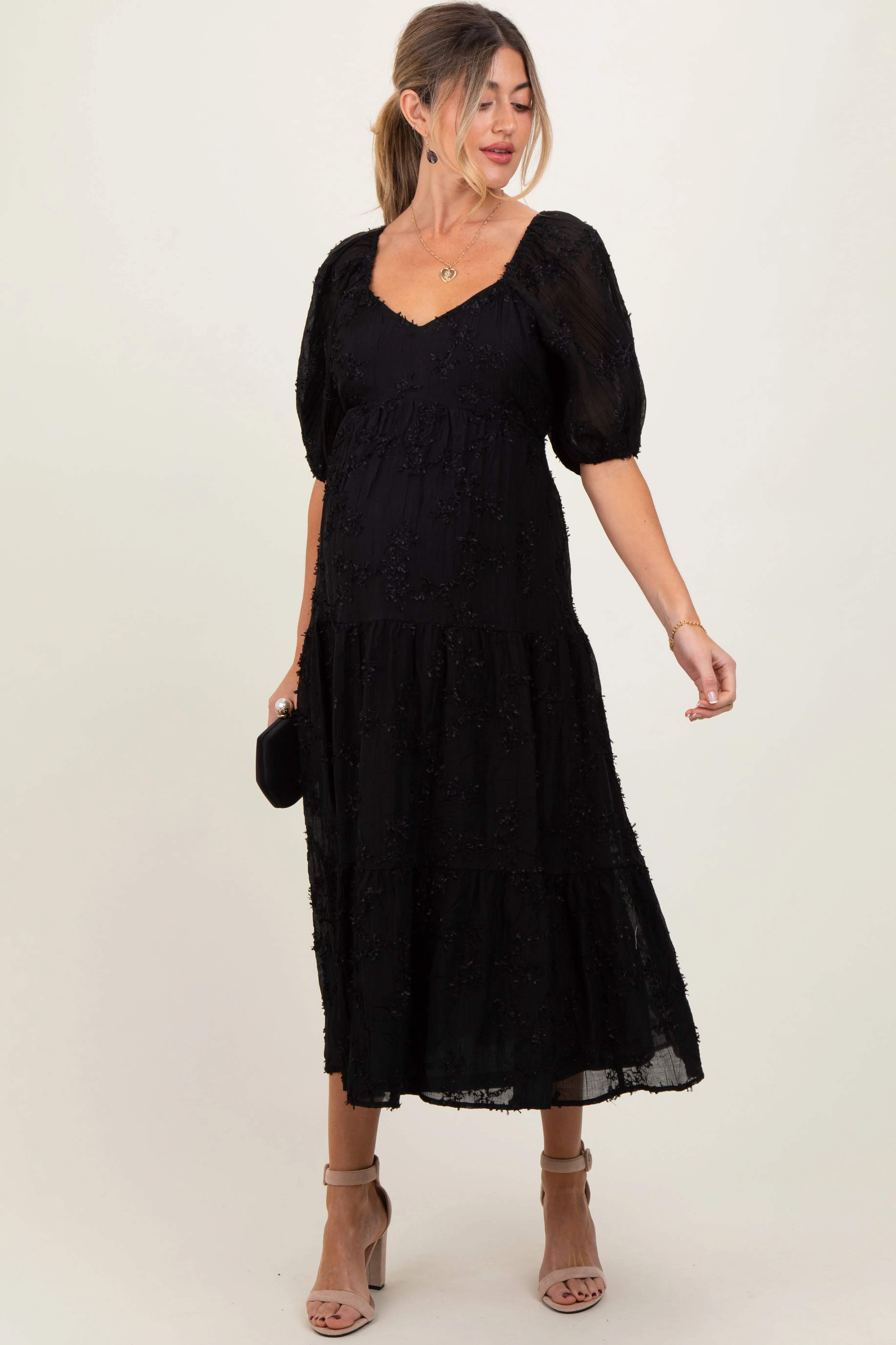 Black Embroidered Floral Overlay Maternity Midi Dress sold by Pinkblush