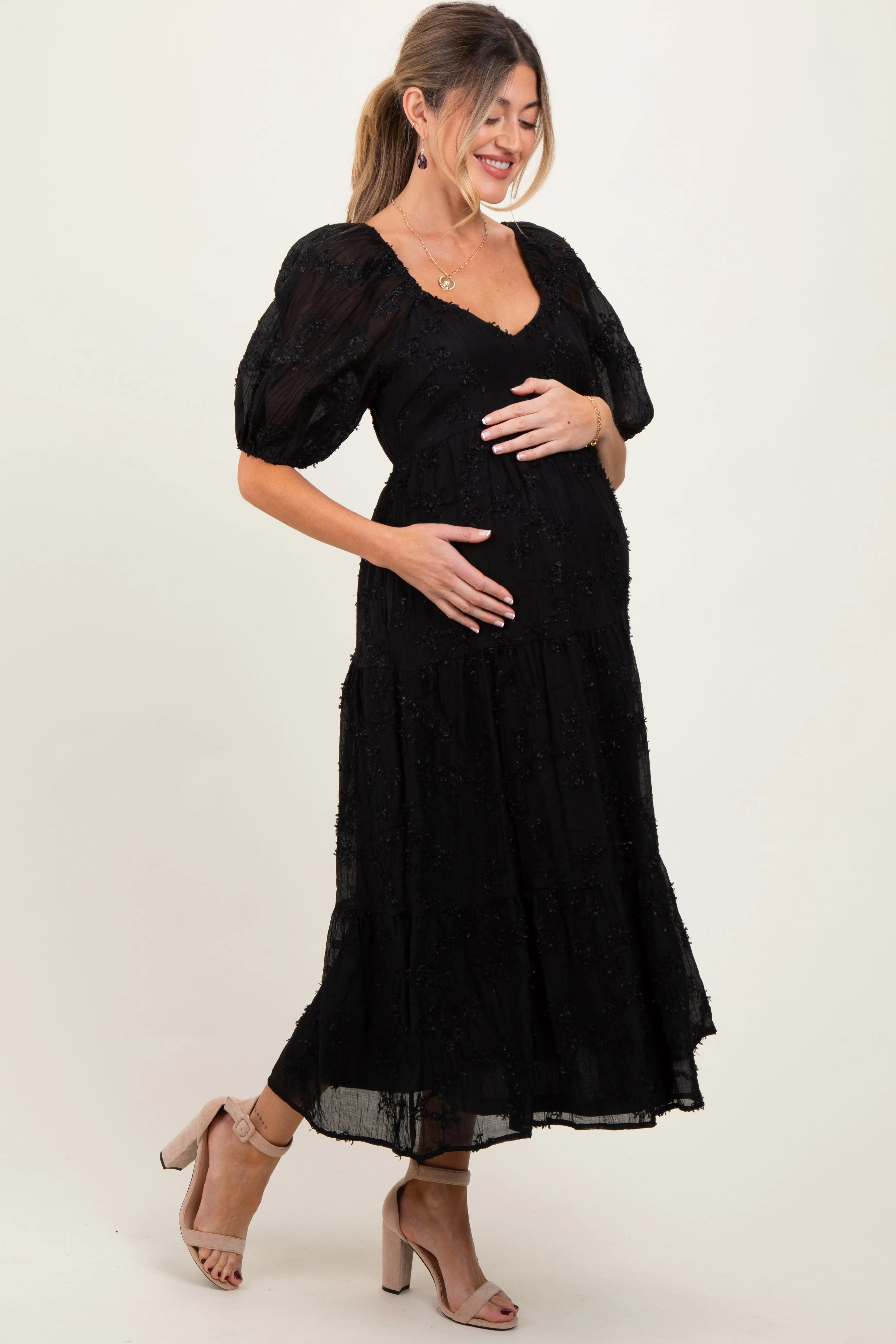 Black Embroidered Floral Overlay Maternity Midi Dress sold by Pinkblush product image thumbnail 2