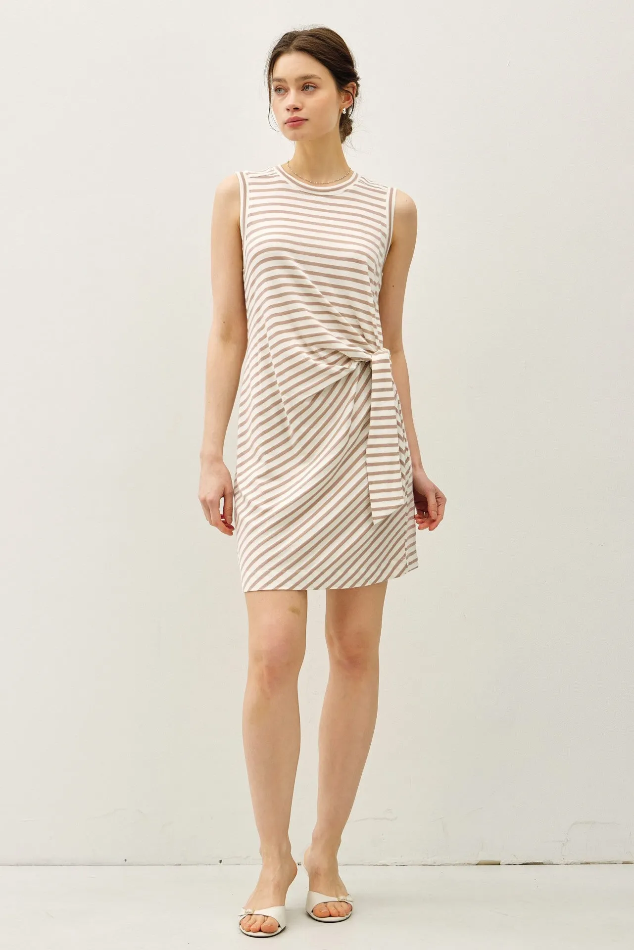 Light Taupe Striped Sleeveless Side Tie Mini Dress sold by Pinkblush product image thumbnail 2