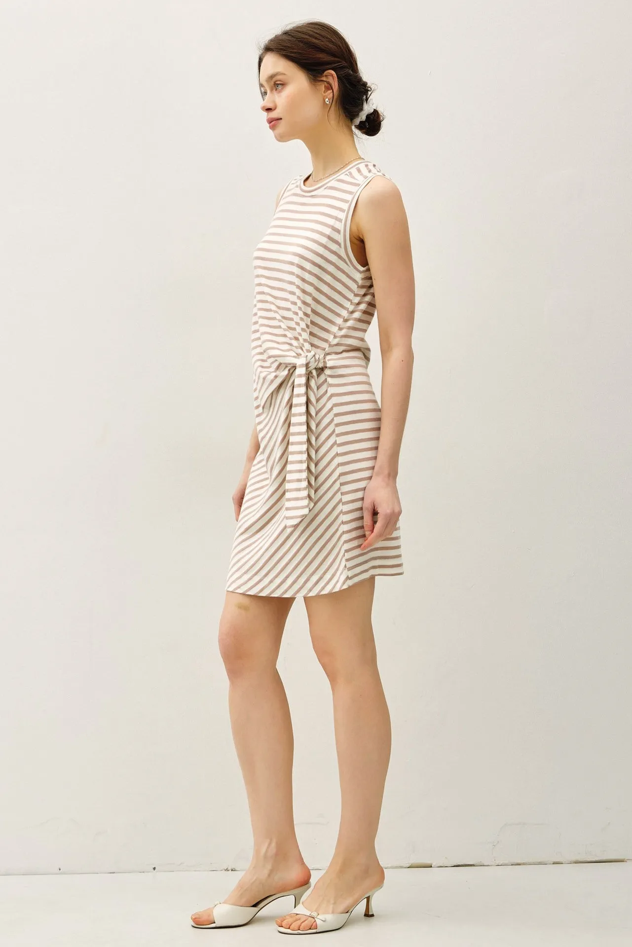 Light Taupe Striped Sleeveless Side Tie Mini Dress sold by Pinkblush product image thumbnail 3