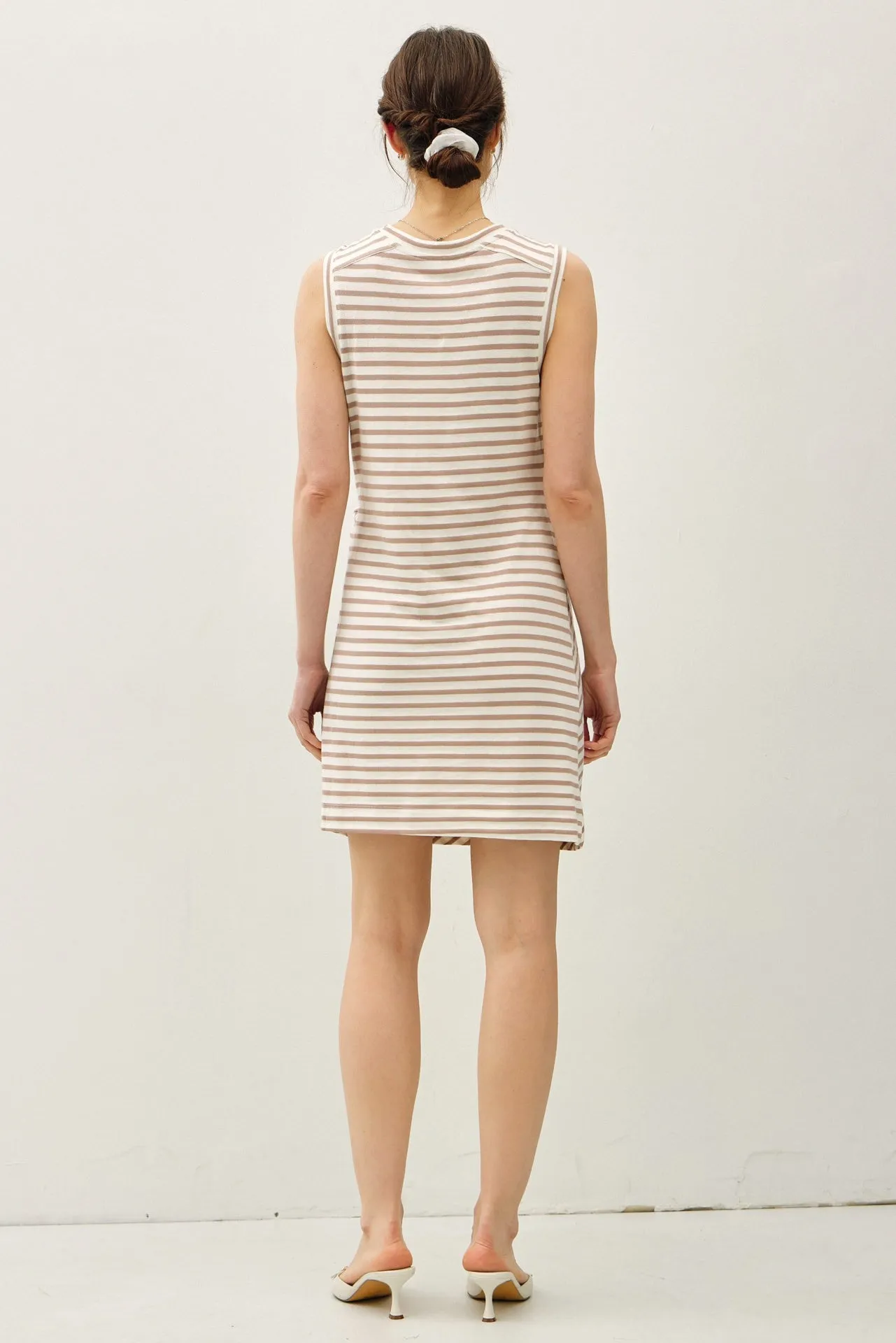Light Taupe Striped Sleeveless Side Tie Mini Dress sold by Pinkblush product image thumbnail 4