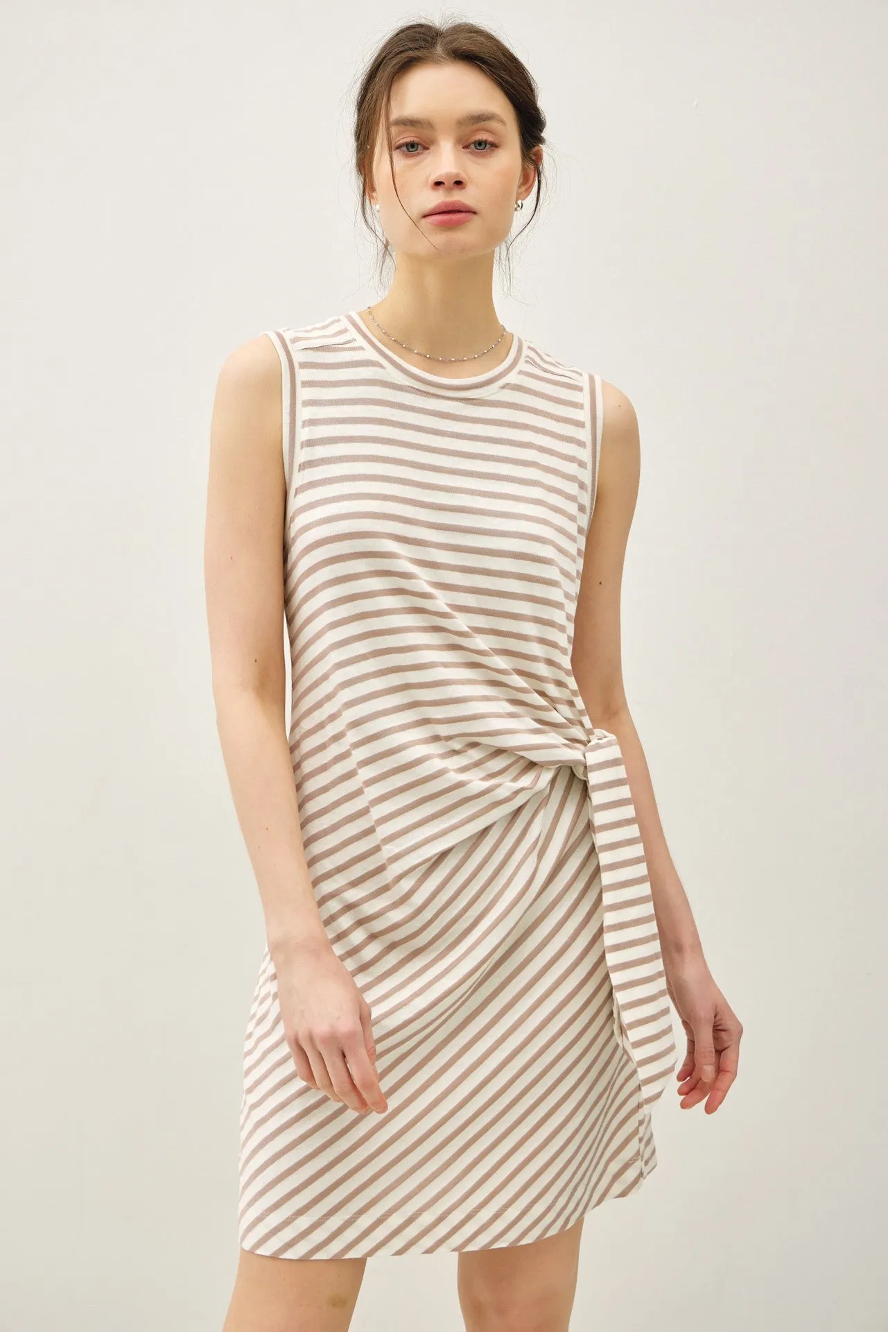 Light Taupe Striped Sleeveless Side Tie Mini Dress sold by Pinkblush