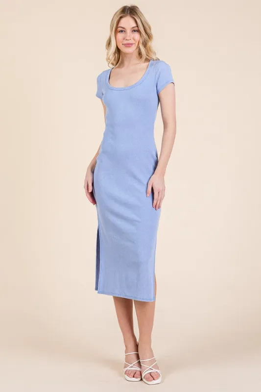Light Blue Scoop Neck Short Sleeve Mineral Wash Midi Dress sold by Pinkblush