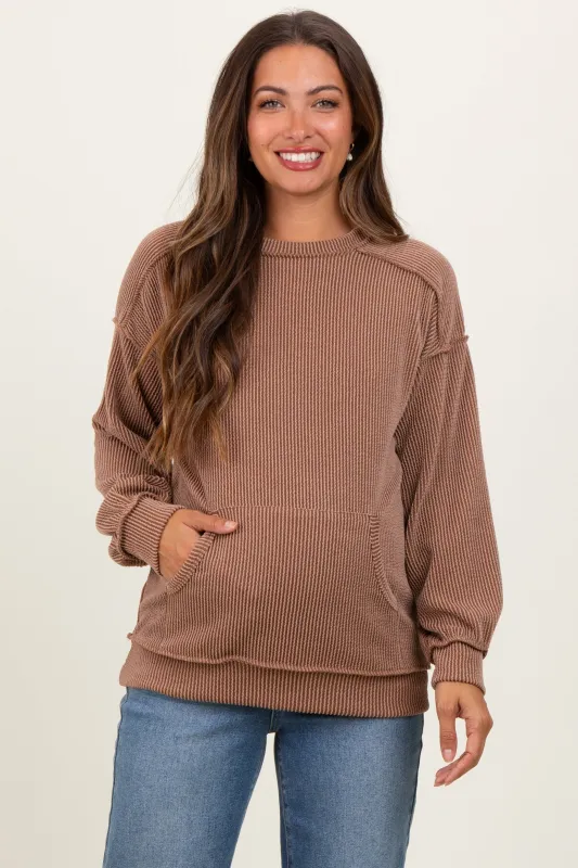 Mocha Ribbed Knit Front Pocket Maternity Pullover sold by Pinkblush