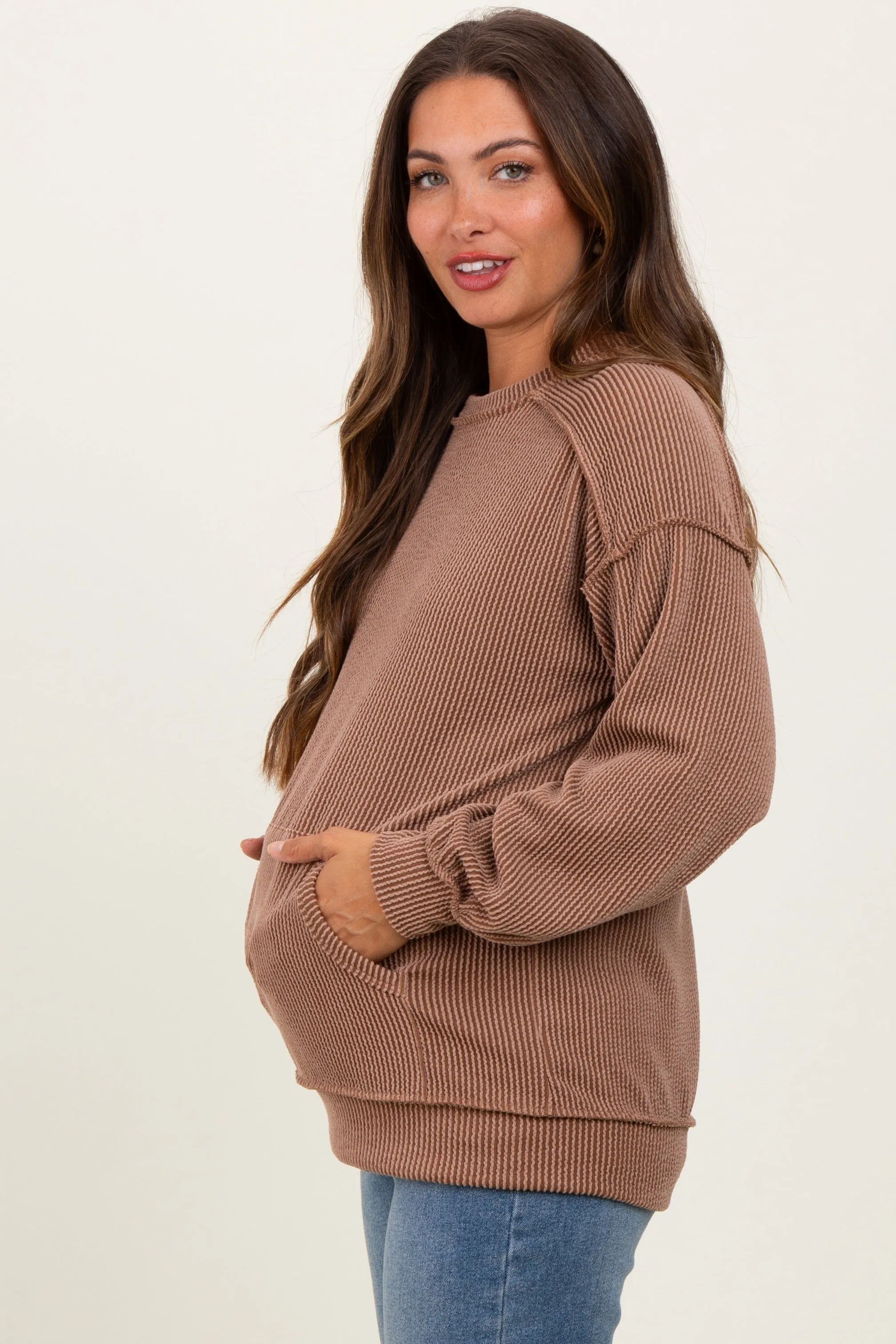 Mocha Ribbed Knit Front Pocket Maternity Pullover sold by Pinkblush product image thumbnail 2