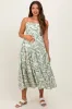 Light Olive Printed Cutout Tie Back Tiered Maternity Midi Dress sold by Pinkblush