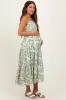 Light Olive Printed Cutout Tie Back Tiered Maternity Midi Dress sold by Pinkblush