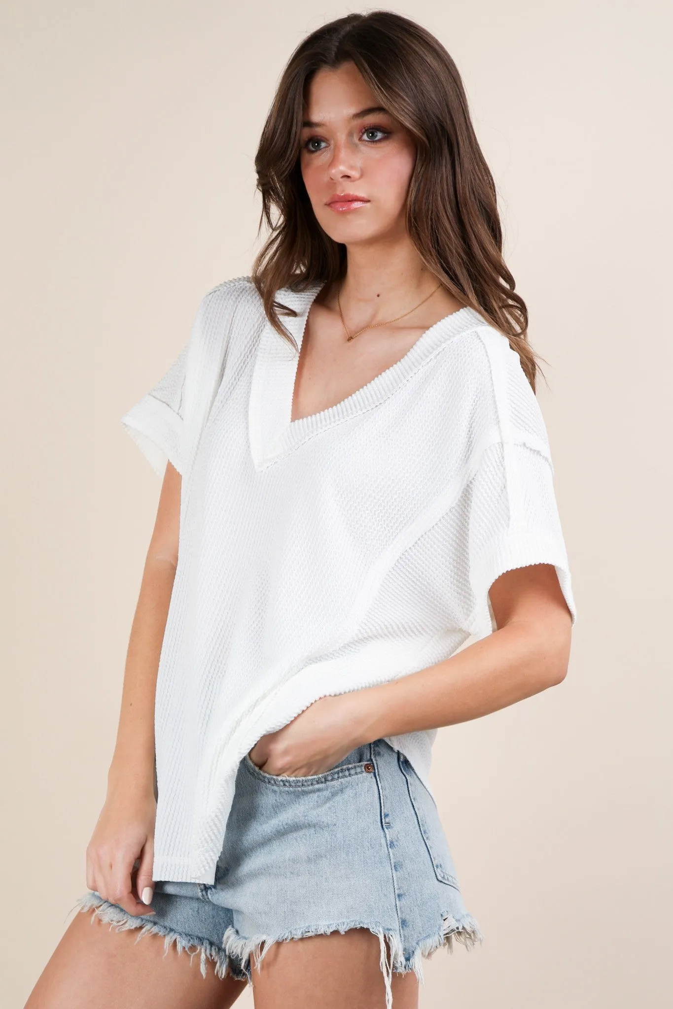 White Ribbed Raw Hem Short Sleeve Top sold by Pinkblush product image thumbnail 3