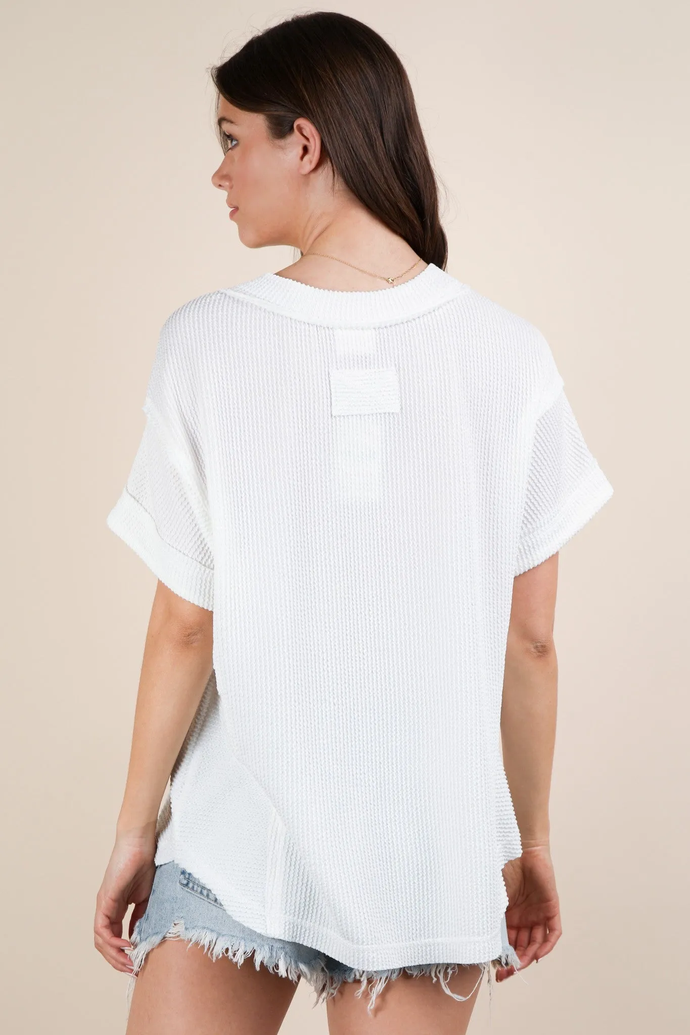 White Ribbed Raw Hem Short Sleeve Top sold by Pinkblush product image thumbnail 4