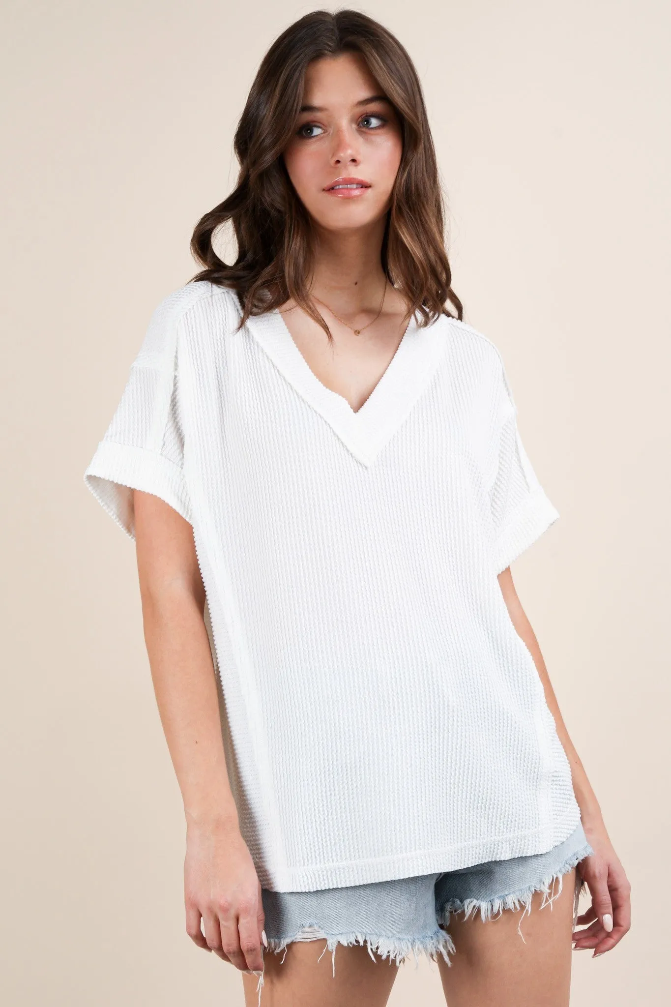 White Ribbed Raw Hem Short Sleeve Top sold by Pinkblush