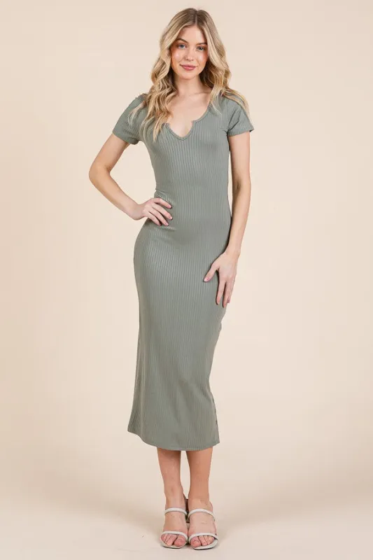 Olive Short Sleeve Side Button Ribbed Midi Dress sold by Pinkblush