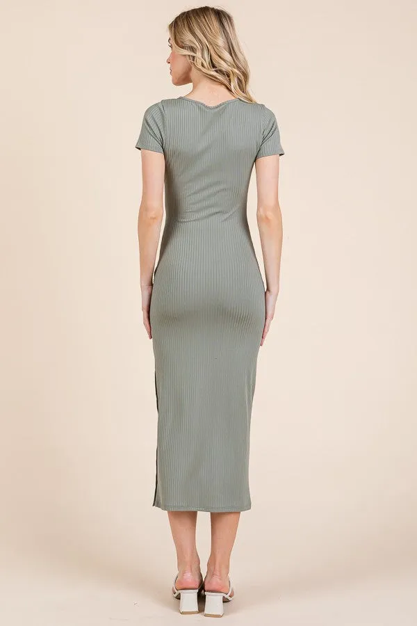 Olive Short Sleeve Side Button Ribbed Midi Dress sold by Pinkblush product image thumbnail 3