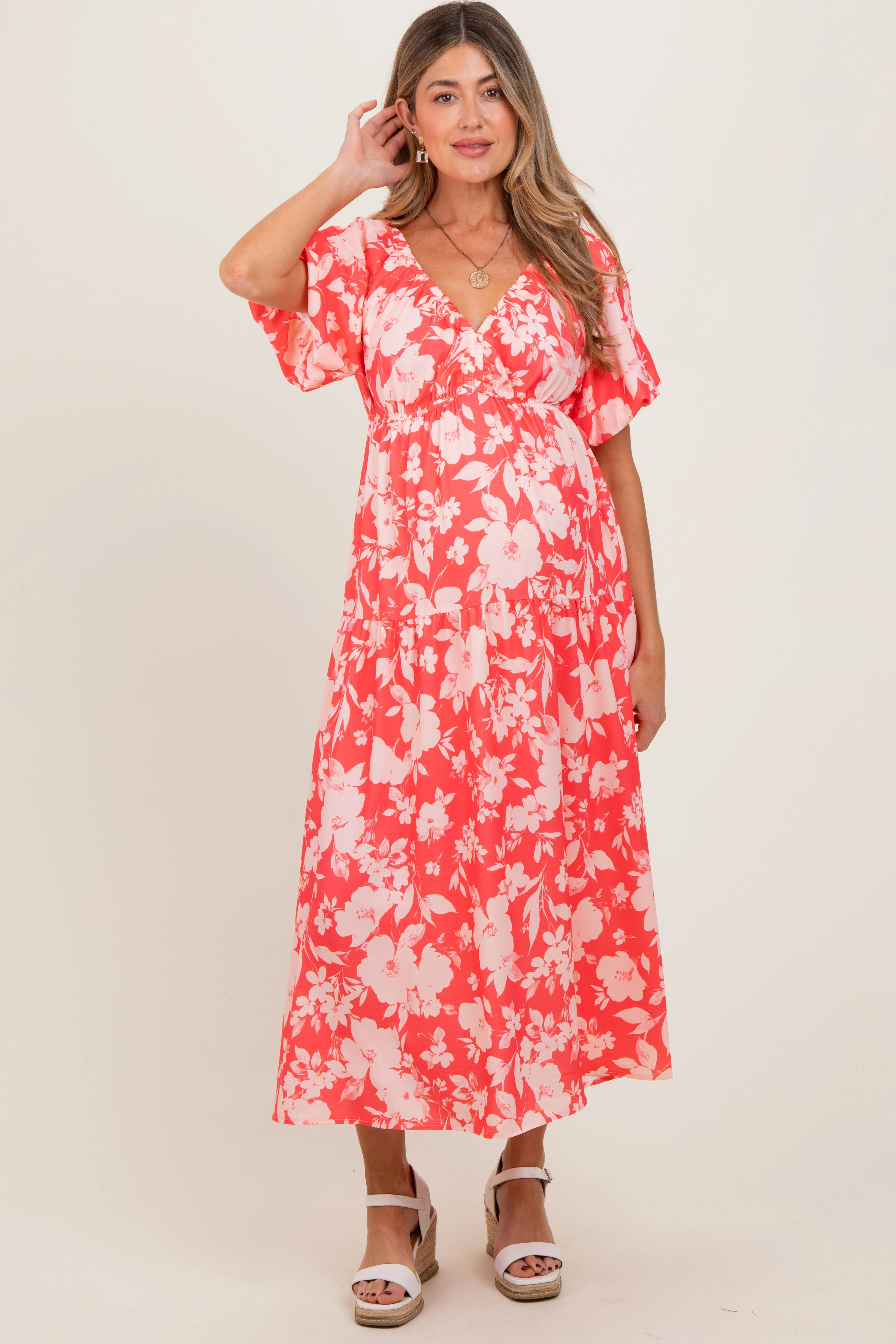 Coral Bubble Short Sleeve Maternity Maxi Dress W/ Side Pocket sold by Pinkblush product image thumbnail 2