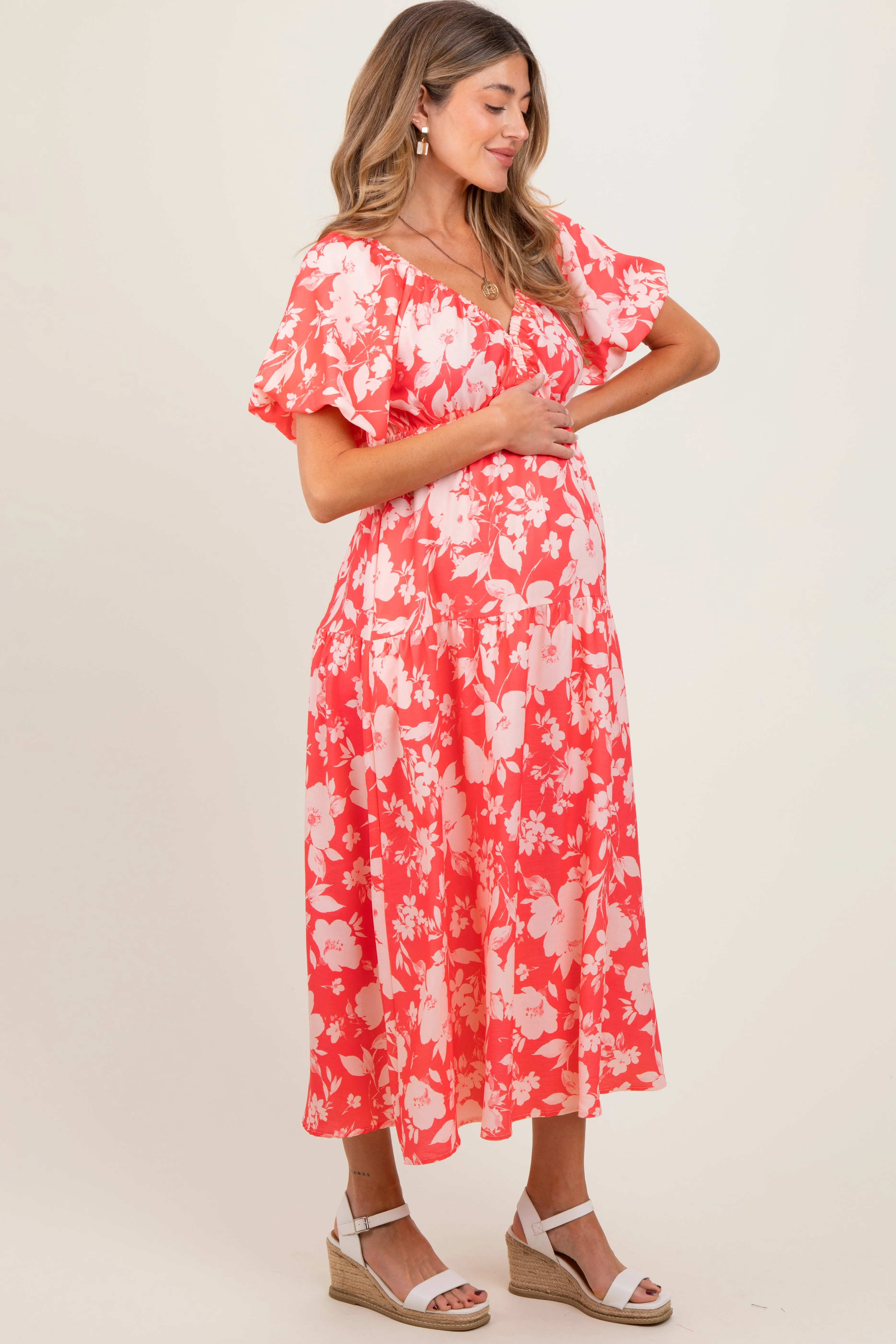 Coral Bubble Short Sleeve Maternity Maxi Dress W/ Side Pocket sold by Pinkblush product image thumbnail 3