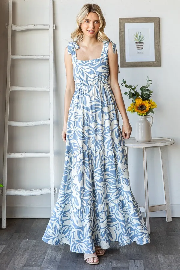Blue Floral Shoulder Tie Tiered Maxi Dress sold by Pinkblush product image thumbnail 2