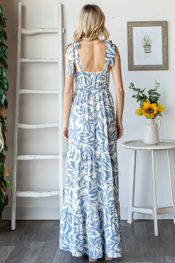 Blue Floral Shoulder Tie Tiered Maxi Dress sold by Pinkblush product image thumbnail 4