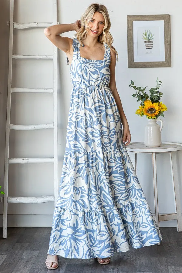 Blue Floral Shoulder Tie Tiered Maxi Dress sold by Pinkblush