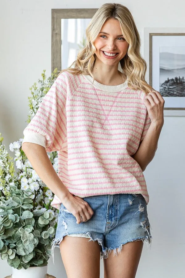 Pink Striped Textured Short Sleeve Top sold by Pinkblush