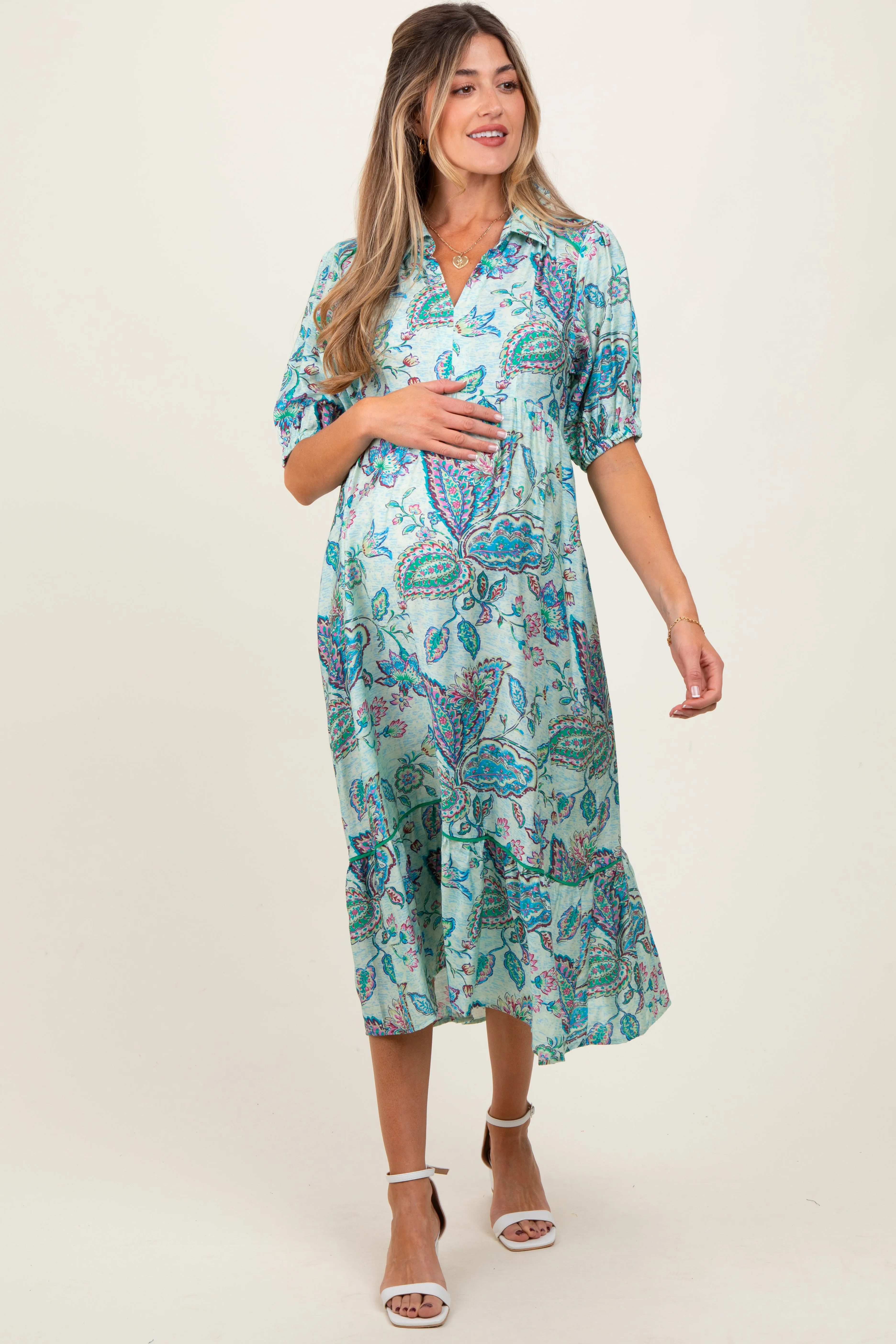 Aqua Paisley Collared Ruffle Hem Maternity Midi Dress sold by Pinkblush product image thumbnail 2