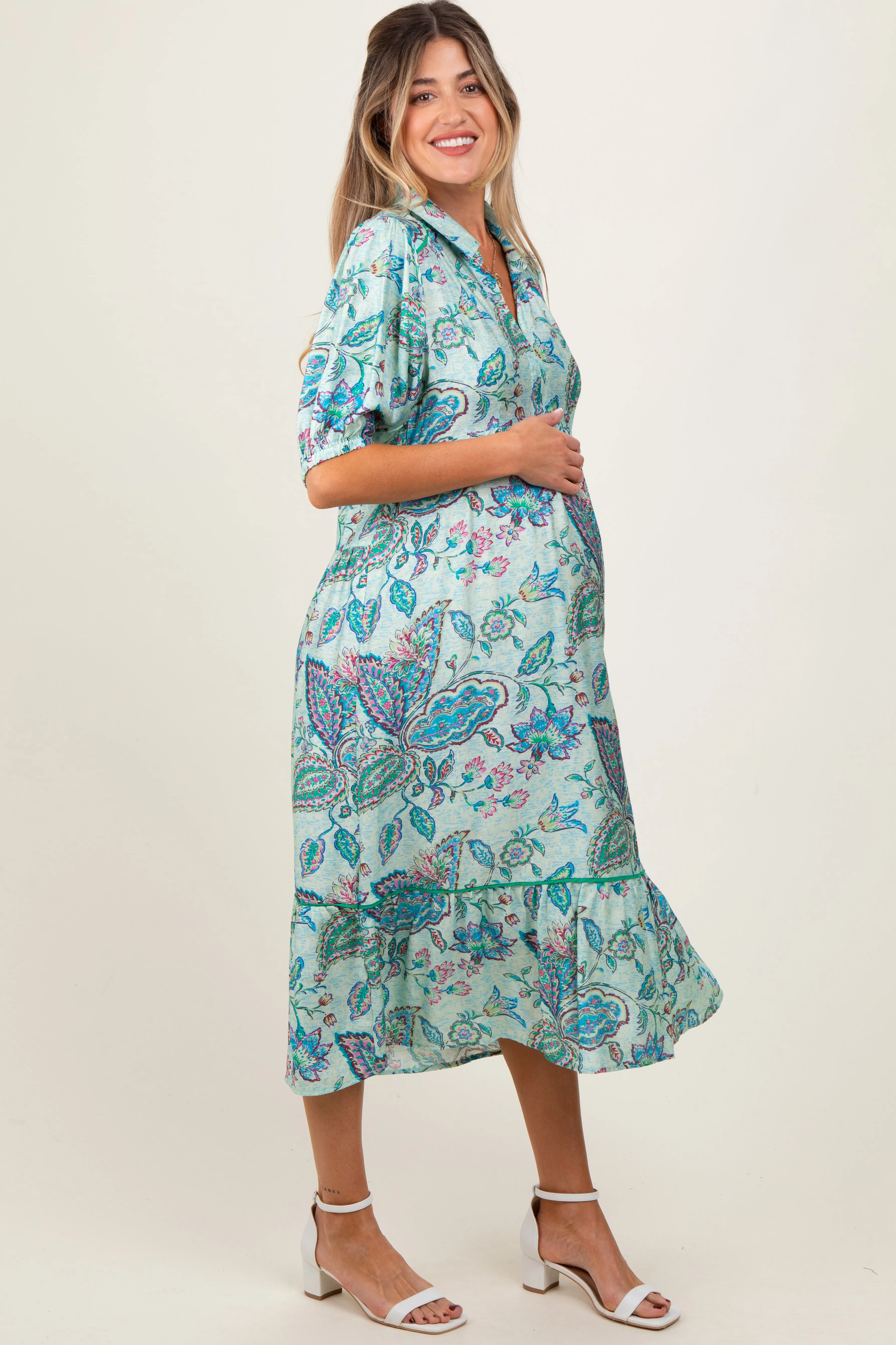 Aqua Paisley Collared Ruffle Hem Maternity Midi Dress sold by Pinkblush product image thumbnail 3