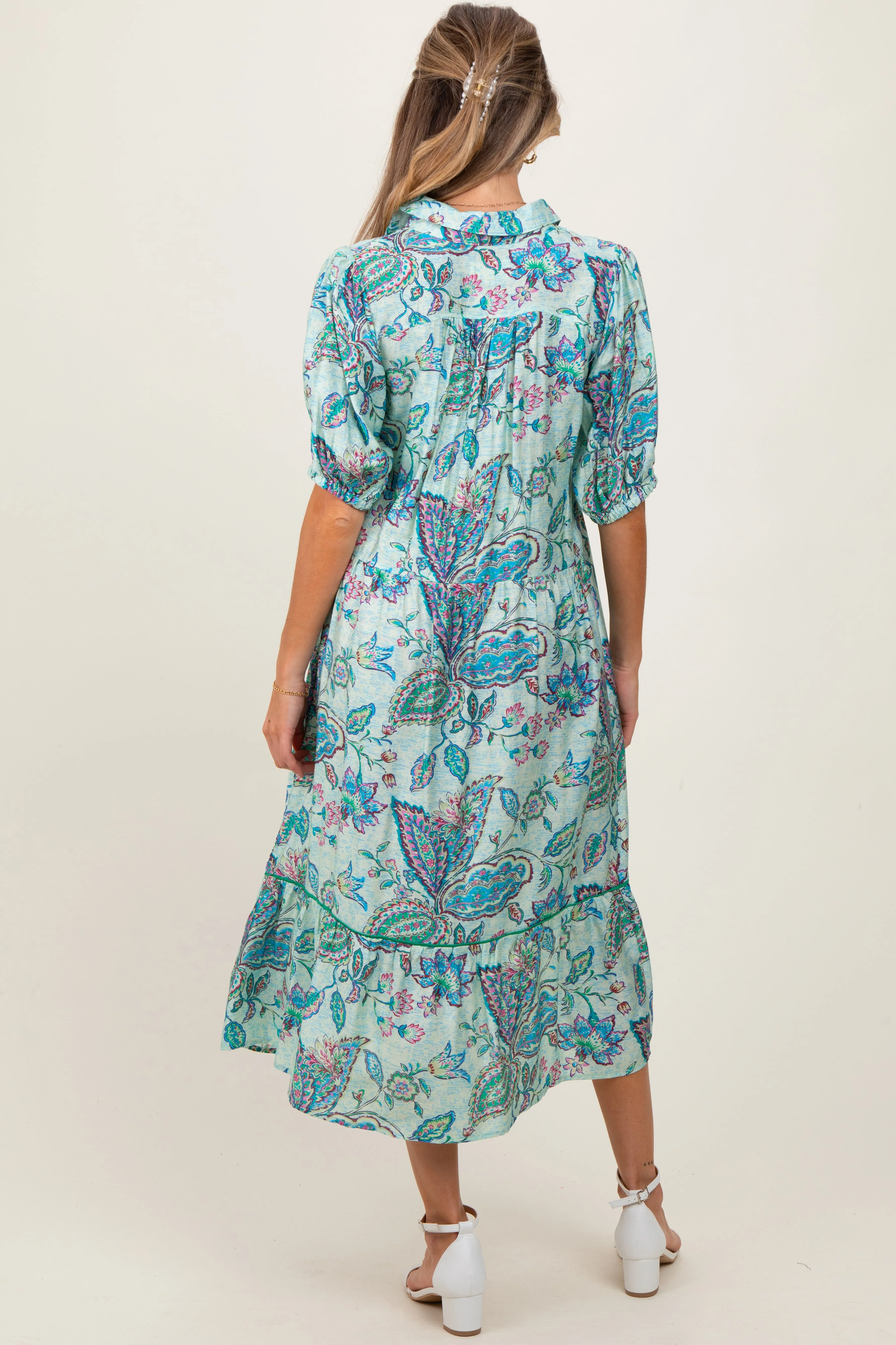 Aqua Paisley Collared Ruffle Hem Maternity Midi Dress sold by Pinkblush product image thumbnail 4