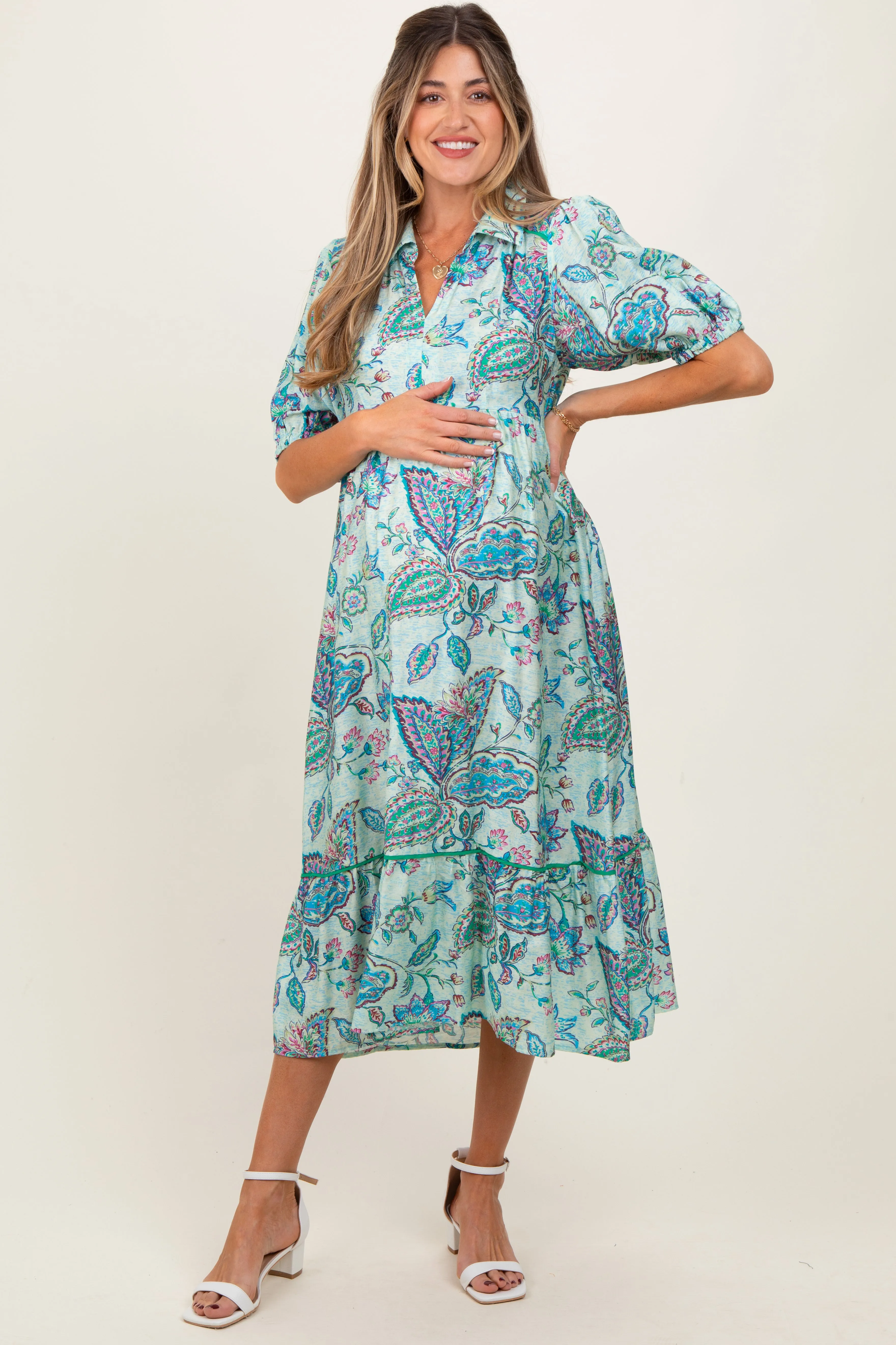 Aqua Paisley Collared Ruffle Hem Maternity Midi Dress sold by Pinkblush