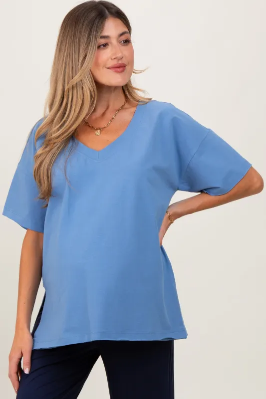 Blue Oversized V-Neck Side Slit Maternity Tee sold by Pinkblush