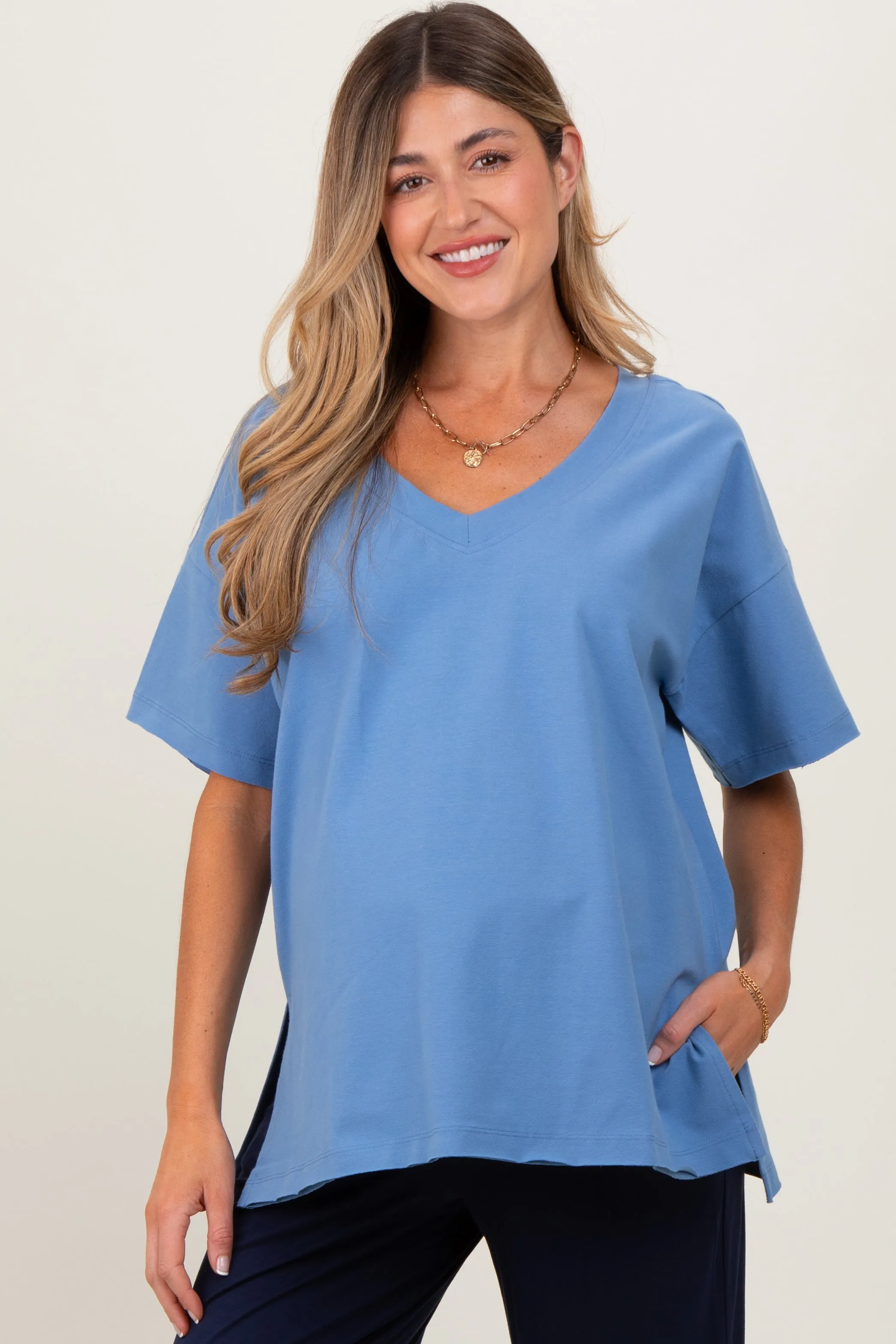 Blue Oversized V-Neck Side Slit Maternity Tee sold by Pinkblush product image thumbnail 2