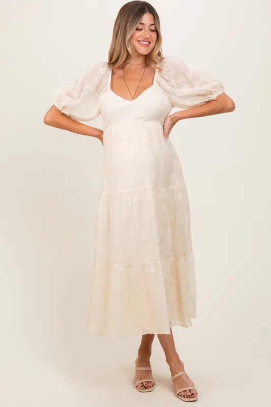 Ivory Embroidered Floral Overlay Maternity Midi Dress sold by Pinkblush