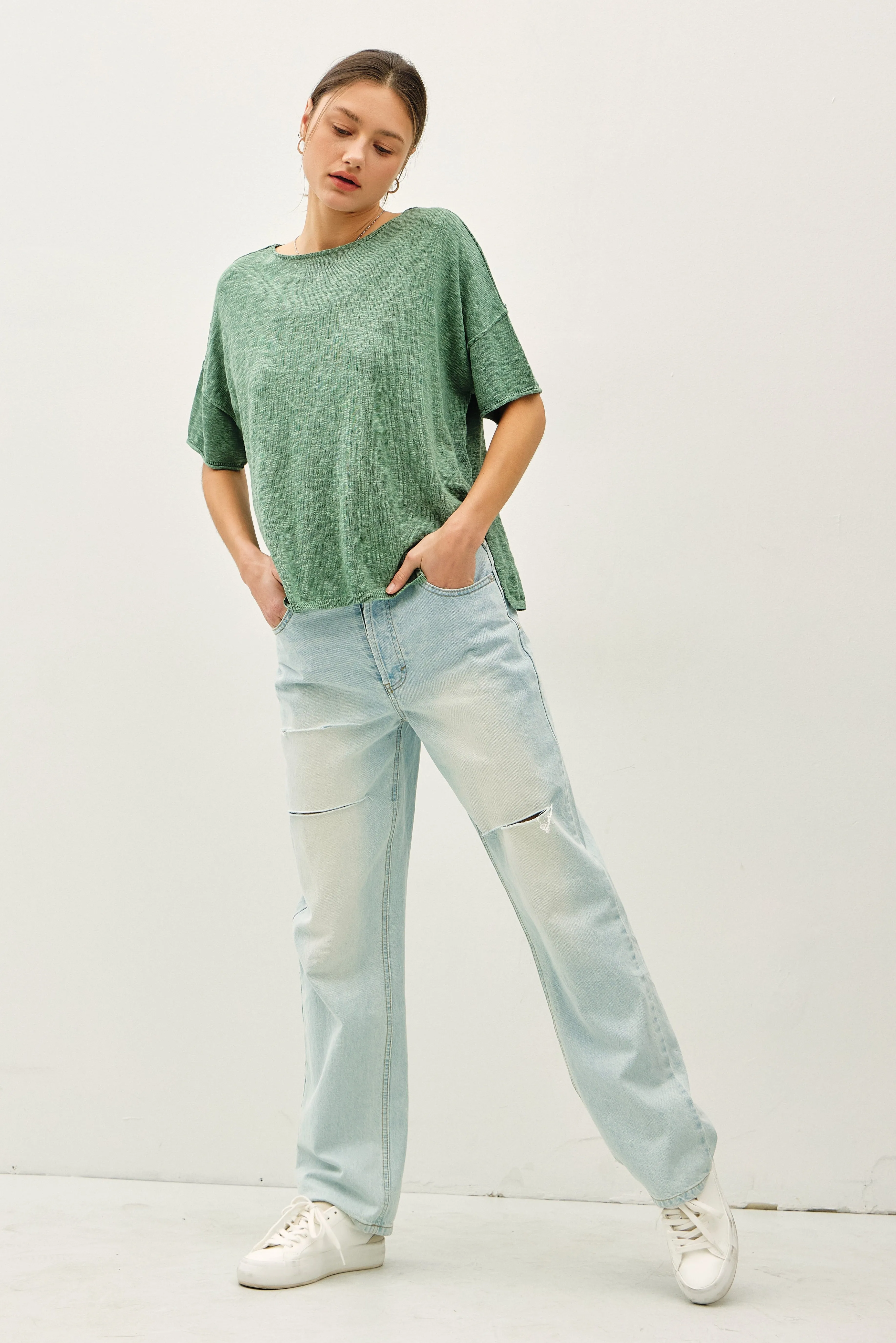 Green Knit Drop Shoulder Short Sleeve Top sold by Pinkblush product image thumbnail 2