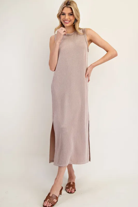 Light Taupe Ribbed Sleeveless Side Slit Midi Dress sold by Pinkblush