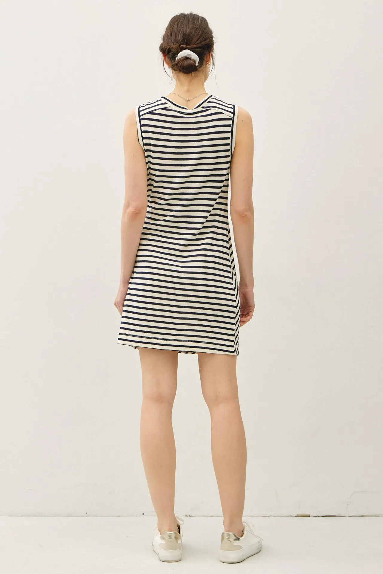 Navy Striped Sleeveless Side Tie Mini Dress sold by Pinkblush product image thumbnail 4