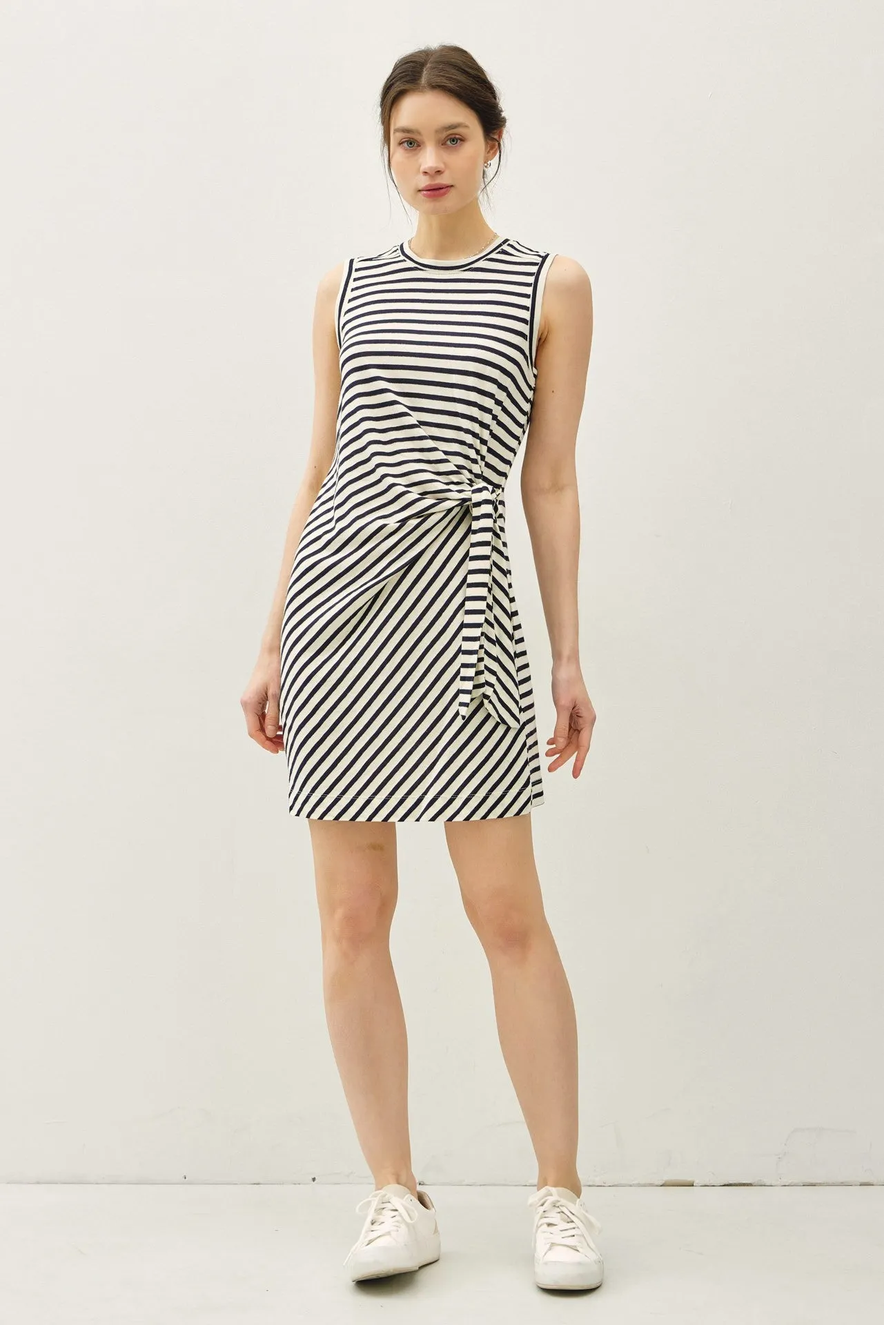 Navy Striped Sleeveless Side Tie Mini Dress sold by Pinkblush product image thumbnail 2