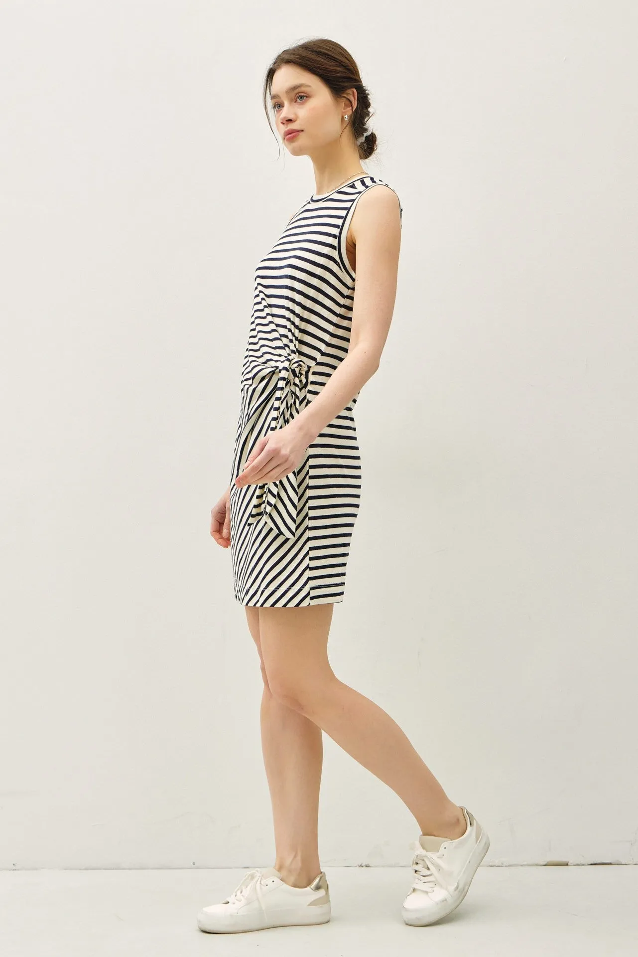 Navy Striped Sleeveless Side Tie Mini Dress sold by Pinkblush product image thumbnail 3