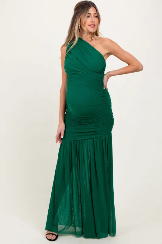 Forest Green Ruched Mesh One Shoulder Maternity Maxi Dress sold by Pinkblush