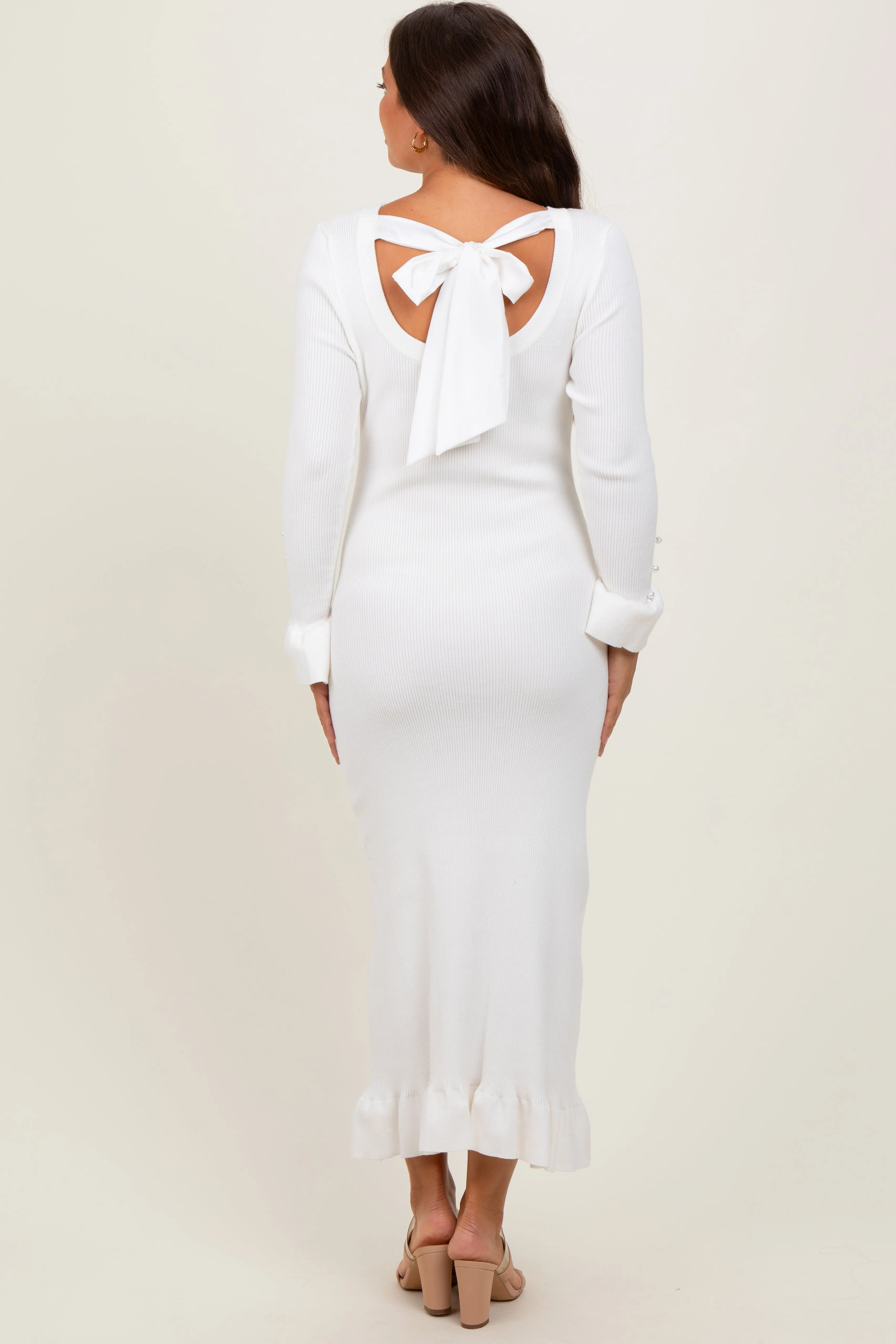 Ivory Ribbed Knit Bow Back Maternity Maxi Dress sold by Pinkblush product image thumbnail 4