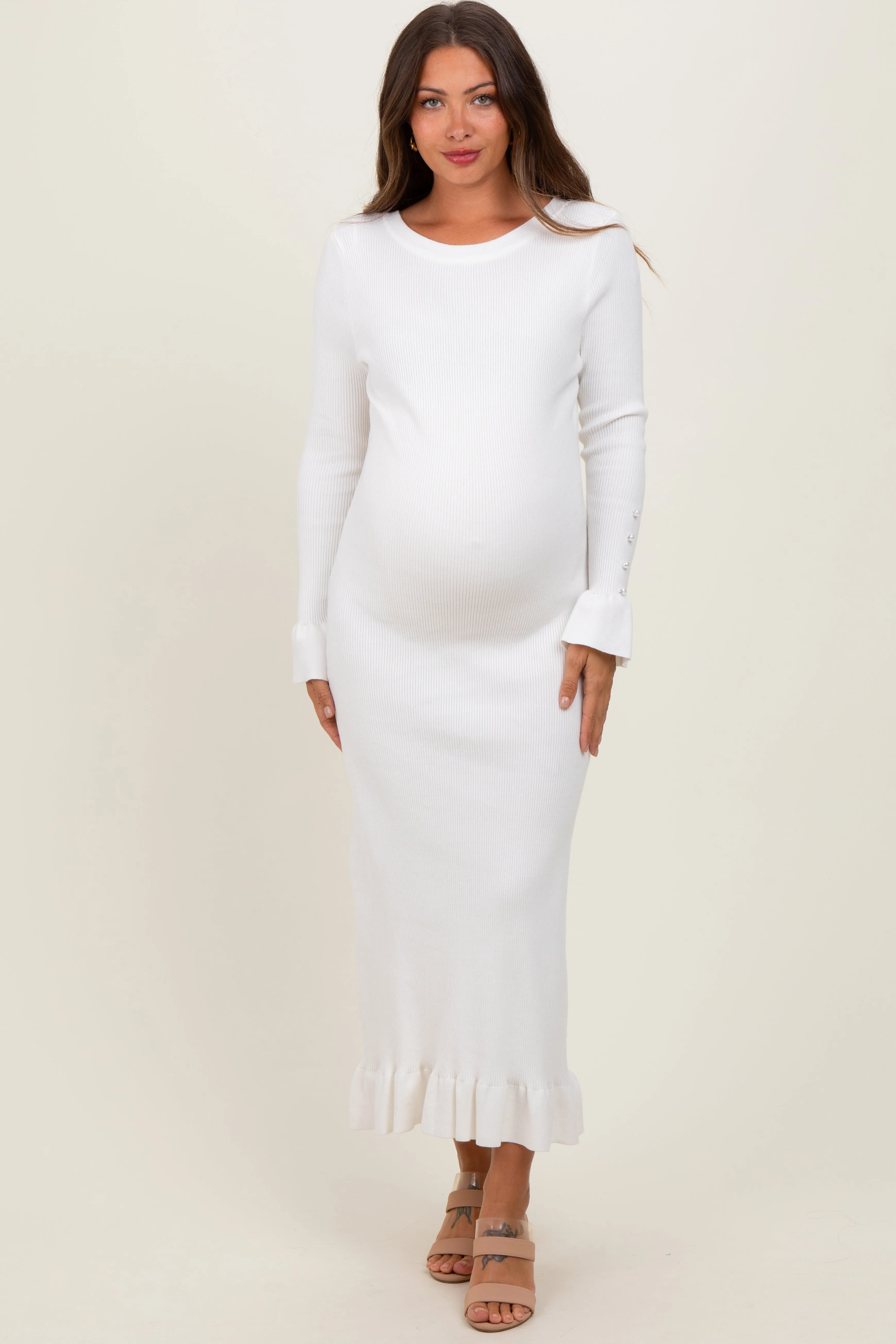 Ivory Ribbed Knit Bow Back Maternity Maxi Dress sold by Pinkblush product image thumbnail 2