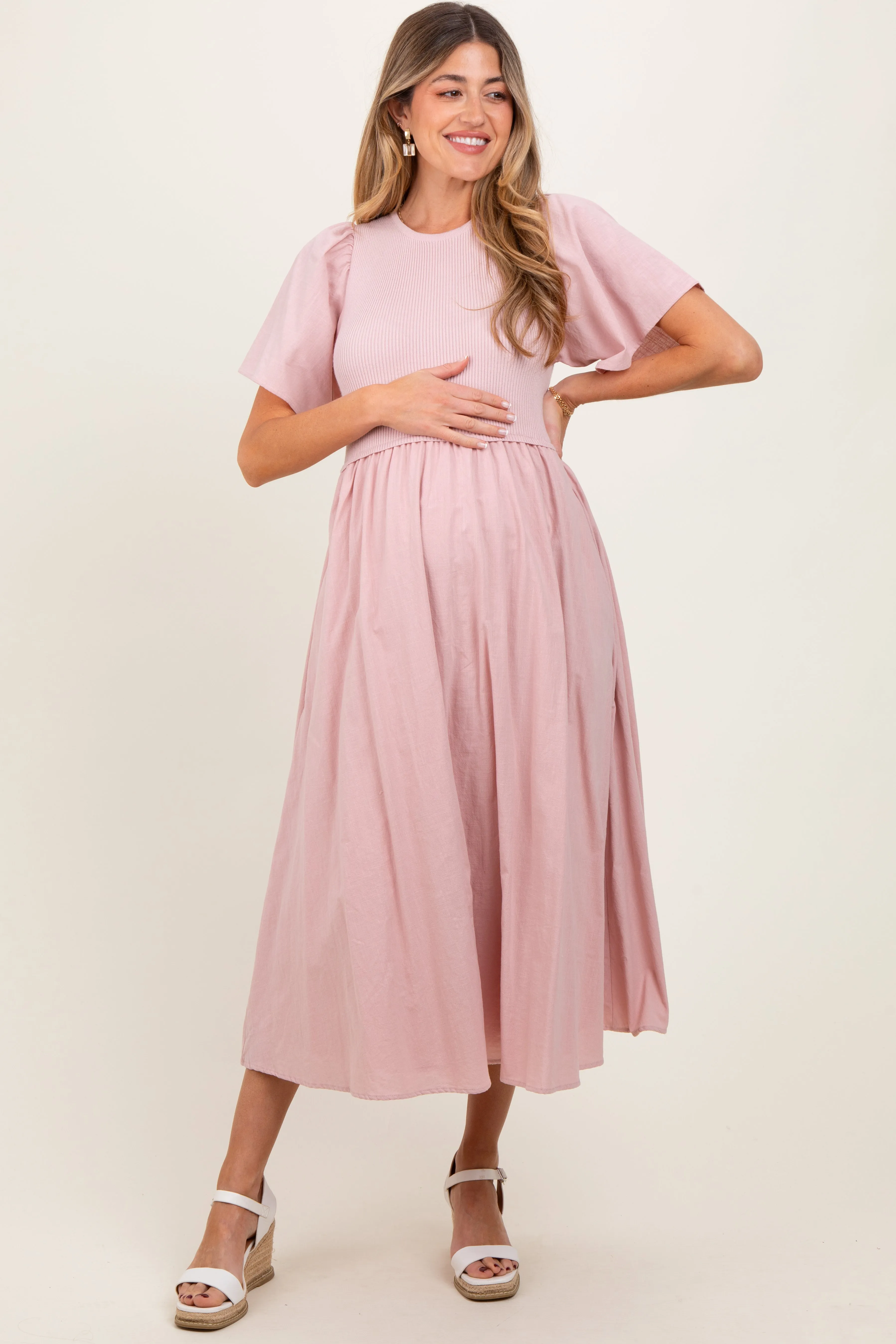 Pink Ribbed Knit Contrast Top Maternity Midi Dress sold by Pinkblush