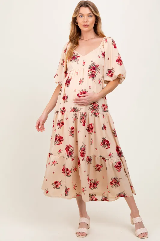 Cream Floral Puff Sleeve Maternity Tiered Maxi Dress sold by Pinkblush