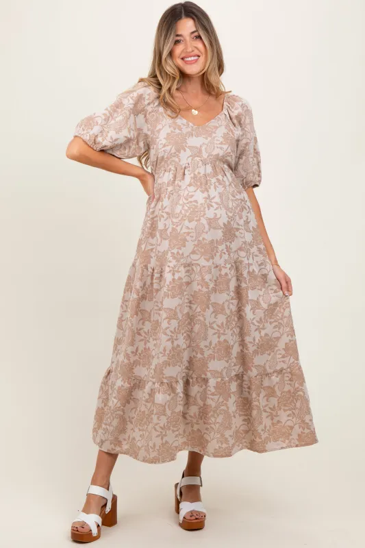 Camel Floral Tiered Puff Sleeve Maternity Midi Dress sold by Pinkblush