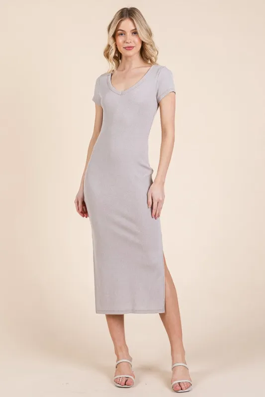 Taupe V Neck Mineral Wash Side Slit Midi Dress sold by Pinkblush