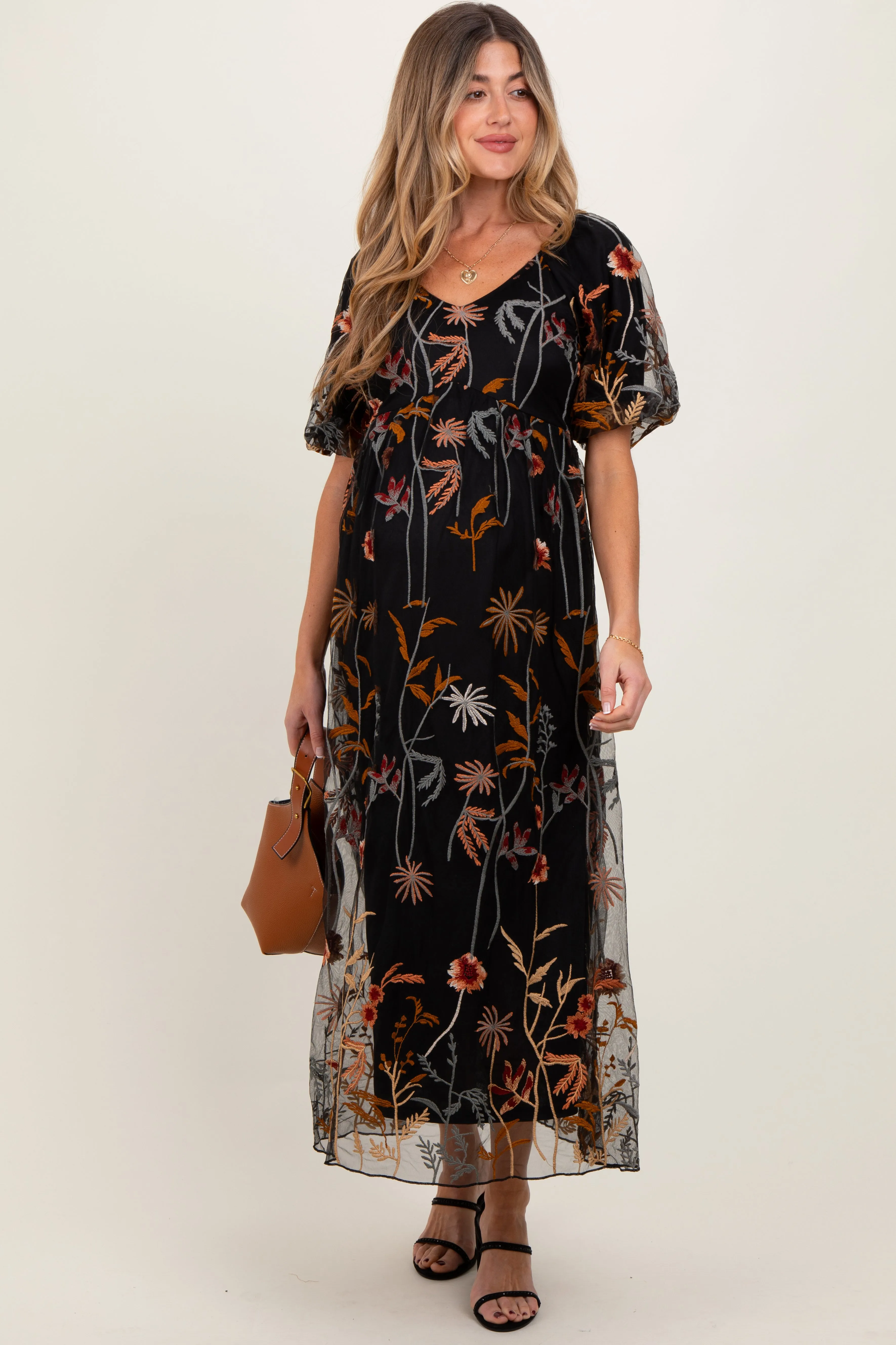 Black Embroidered Floral Mesh Overlay Maternity Midi Dress sold by Pinkblush product image thumbnail 2